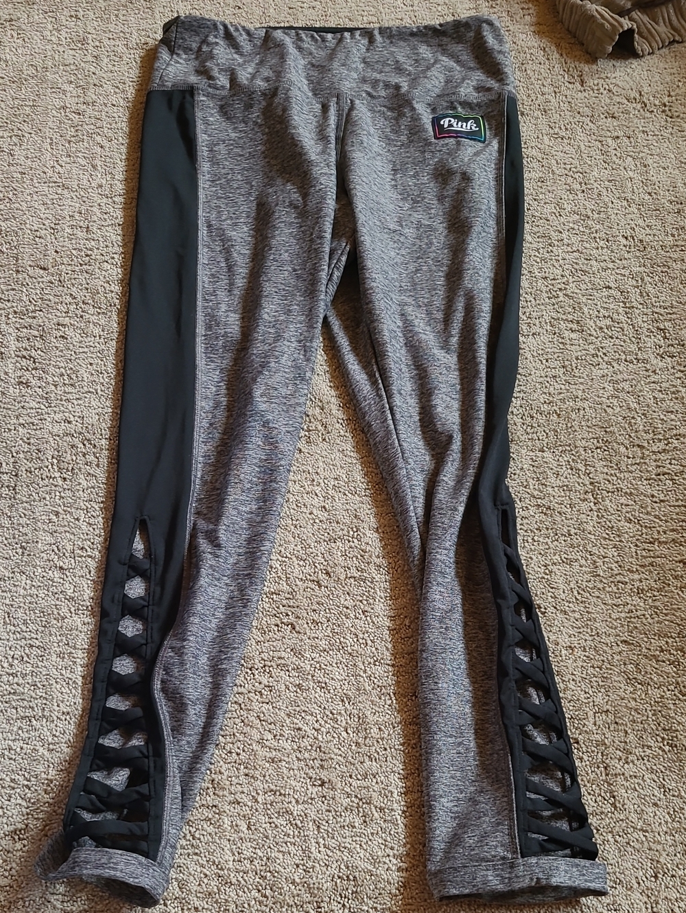 PINK Victoria's Secret Women's Gray and Black Active Leggings With Cut Outs.